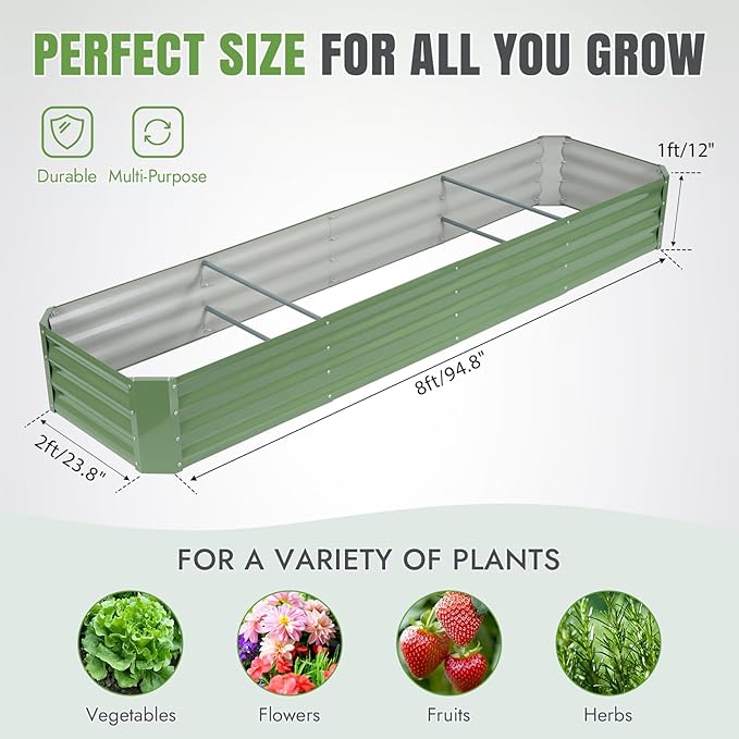 INNO STAGE 8×2×1ft Galvanized Raised Garden Bed Kit, Galvanized Planter Raised Garden Boxes Outdoor, Large Metal Raised Garden Beds for Vegetables, Flowers, Herbs, and Succulents, OliverGreen