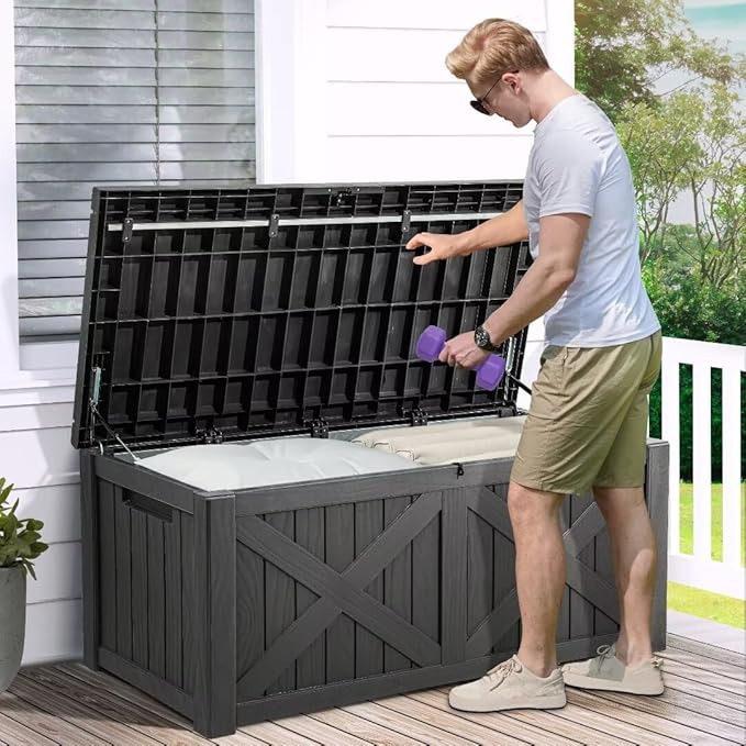 YITAHOME 150 Gallon Large Deck Box with X-Shaped Front, Resin Outdoor Storage Boxes, Waterproof Cushion Storage Bench for Patio, Pool Supplies, Garden Tools - Lockable, Dark Gray