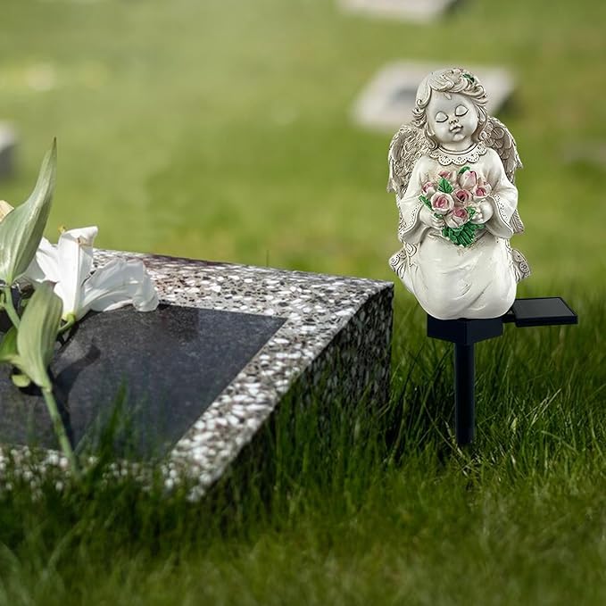 Solar Garden Angel Lights, Waterproof Outdoor Garden Angels Statue Decorations Solar Lights for Cemetery Gravesite Grave Outside Yard Patio Lawn Porch (Flower)
