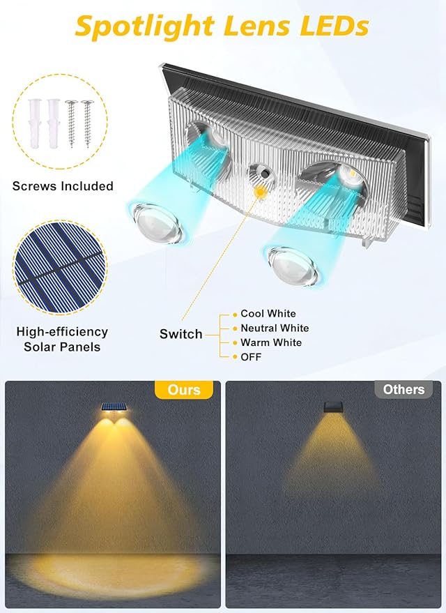 Solar Fence Lights Outdoor - 3000K/4000K/6000K 3 Color Modes, IP65 Waterproof Fence Lights Solar Powered Outdoor, Solar Powered Wall Light for Outside Porch Step Wall Stair Patio Yard (12 Pack)