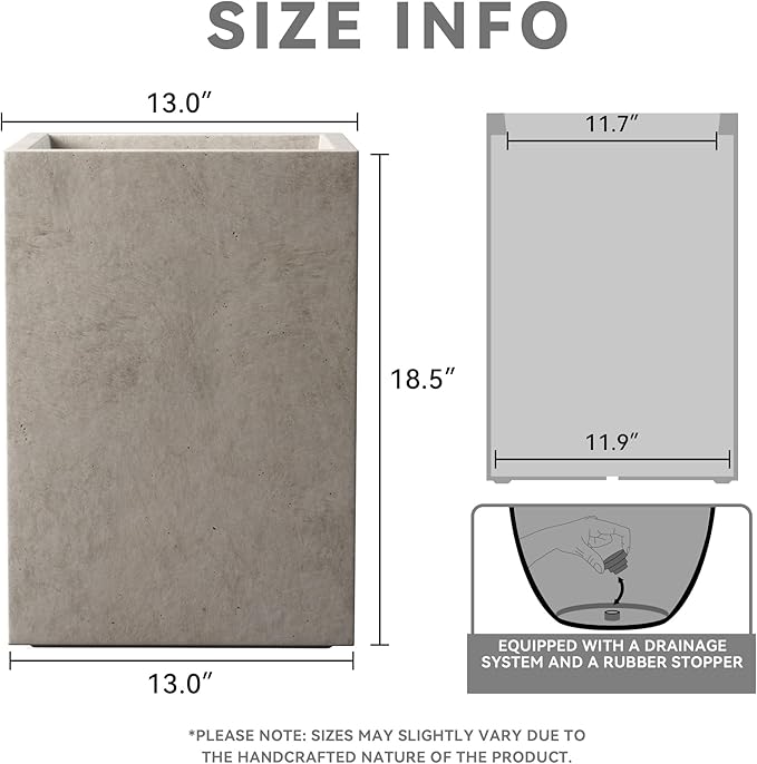 Kante 18.5" H Tall Rectangular Concrete Planters, Outdoor Indoor Lightweight Plant Pots with Drainage Hole and Rubber Plug, Modern Style for Home Garden Patio, Weathered Concrete