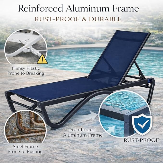 Kozyard Outdoor Chaise Lounge Chair, Full Aluminum Frame, Adjustable Reclining Patio Lounger for Poolside, Sunbathing & Backyard, Textilene (NavyBlue)