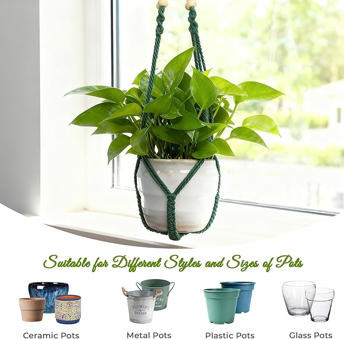 Macrame Plant Hanger,Up to 4-15 inch Pots, Wood Beads Cotton Hanging Planter Holder for Indoor Outdoor Boho Home Decor, 35 Inch, Ivory, Set of 2 (Green)