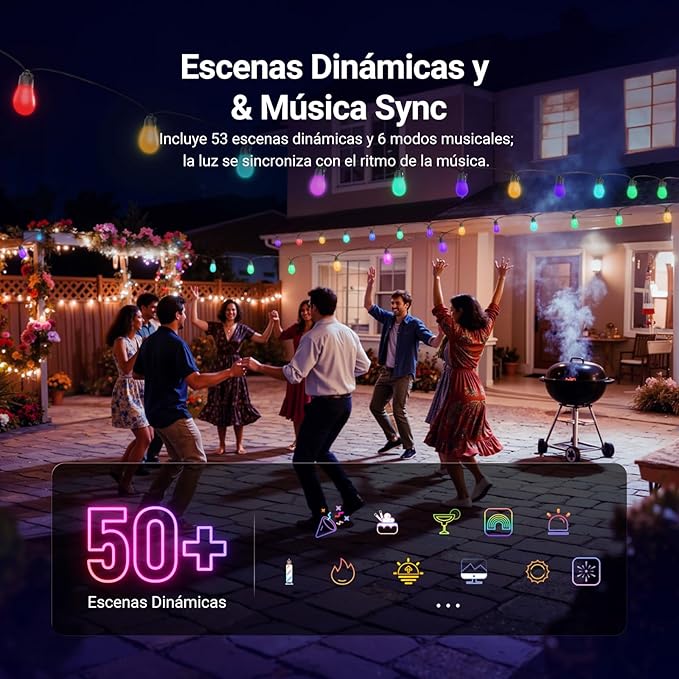NEEWER 48ft Outdoor String Lights, App Control Smart AI RGBW Hanging Outside Patio Balcony Backyard Holiday Lighting, IP65 Waterproof, 15 LED Bulbs, 50+ Scenes, Compatible with Alexa Google, NR01