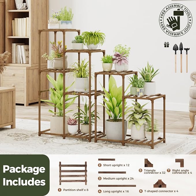 Bamworld Indoor Plant Stands Outdoor Combo Plant Shelves for Multiple Plants 10 Pots Wooden 2 Sets of Package Plant Rack for Living Room Balcony Garden