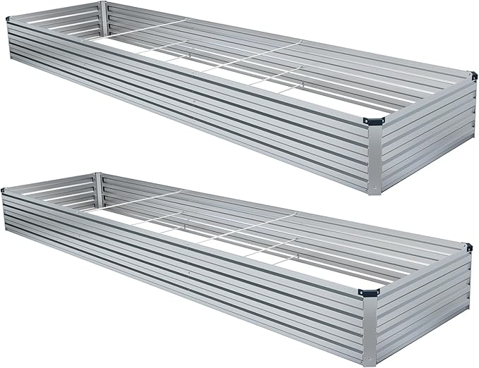 2 Pack 12x2x1FT Galvanized Raised Garden Bed Kit, Outdoor Metal Planter Box for Vegetables, Bottomless Rectangular Gardening Bed with Support Rods, Tool-Free Assembly, Silver