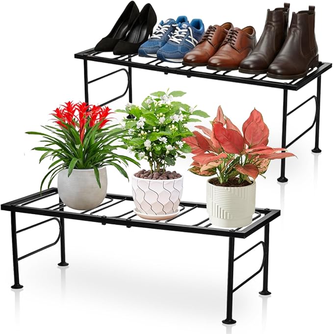 2 Pack Metal Plant Stand Indoor Outdoor, 1 Tier Heavy Duty Flower Pot Stands, Space-Saving Ladder Planter Holder, Decorative Flower Display Rack for Patio Living Room Garden Corner Balcony