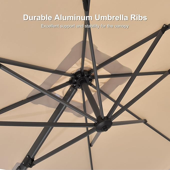 PURPLE LEAF 8' X 8' Patio Umbrella with Steel Plate Base for Pool 7' High Offset Outdoor Cantilever Umbrella Swimming Pool Umbrella with 360°Rotation for Poolside Beige