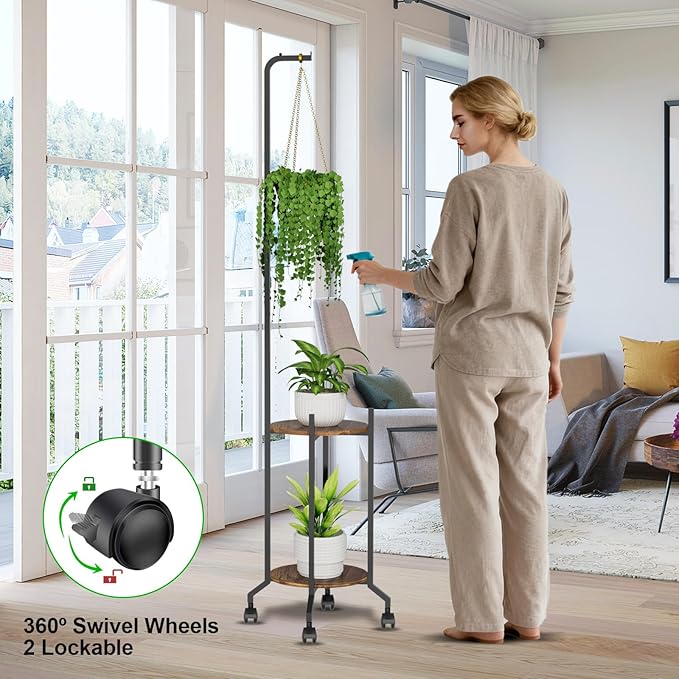 Plant Stand Indoor, 2 Tier Hanging Tall Plant Shelf with Wheels, 3 Potted Corner Flower Stand Metal Plant Holder, Plant Shelves for Living Room, Bedroom, Patio, Outdoor, Black