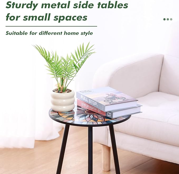 Party Zealot 1 Pack Metal Mosaic Round Side Table Small 13.4" End Patio Round Accent Table Garden Corner Stand for Small Spaces Weather-Resistant for Balcony Plant Stand Indoor Outdoor