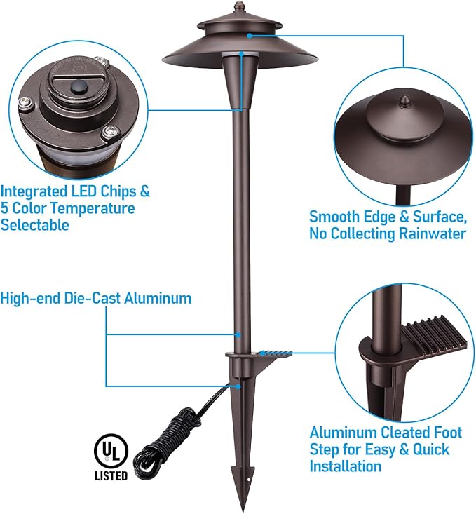 LEONLITE 5CCT Low Voltage Pathway Lights, 12-24V LED Landscape Path Light, 1800/2700/3000/4000/5000K, Double Layer, CRI90, IP65 Waterproof Landscape Lighting, Aluminum, Oil Rubbed Bronze, Pack of 6