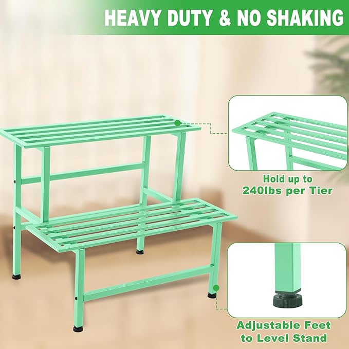 Metal Plant Stand Outdoor Plant Shelf Indoor,2 Tier Heavy Duty Ladder Plant Stands for Multiple Plants,26" L x 20.25" H x 17.75" W,Mint Green
