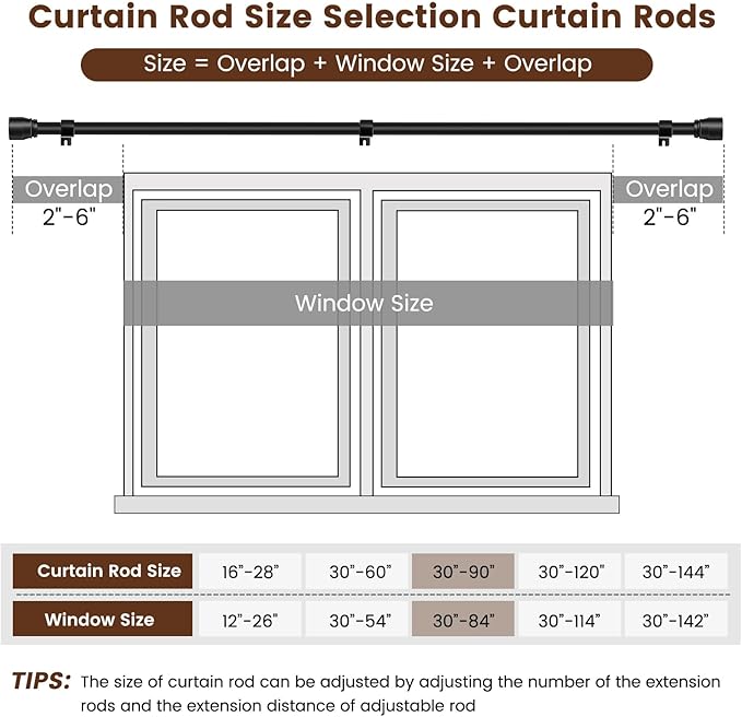 1” Diameter Matte Black Curtain Rods Itself is 30 to 90 inch, 1 Pack Fit 30-84 inch Windows with Heavy Duty Adjustable Rod 1 Inch Diameter Splicing Metal Extra Long Curtain Rod