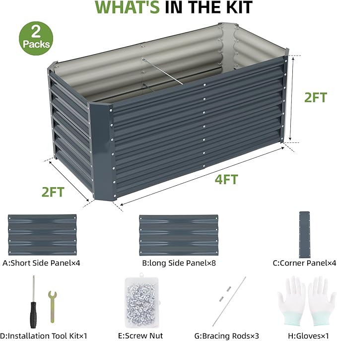 4x2x2ft (2 Pack) Raised Garden Bed - Galvanized Deep Root Planter Boxes Outdoor with Wing Nuts and Safety Edges for Gardening Vegetables, Flowers, Herbs, Succulents - Gray