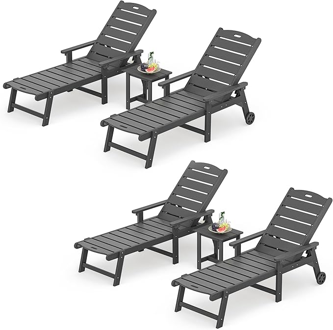 LUE BONA Chaise Lounge Chair with Table, 6-Piece, HDPS Chaise Lounger, 5 Positions Adjustable Lounge Chairs, Pool Lounge Chair with Wheels for Poolside, Backyard, Dark Gray