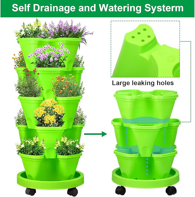 Umigy 2 Set 5 Tier Stackable Planters Vertical Garden Planters for Strawberry Herb Flower and Vegetable Indoor Outdoor Gardening Pots with Removable Wheels and Bottom(Green)