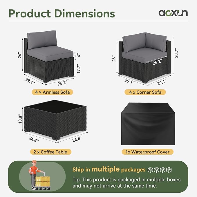 Aoxun 10 Piece Patio Furniture Set Wicker Rattan Patio Sectional Sofa Set Outdoor Seating Furniture with Thickened Cushion, Grey