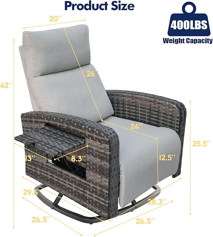 Outdoor Recliner Chair Set of 2, Wicker Patio Recliners with Adjustable Backrest and Extended Foot Rest, Reclining Patio Chairs with Flip Table & Removable Cushion Cover for Porch