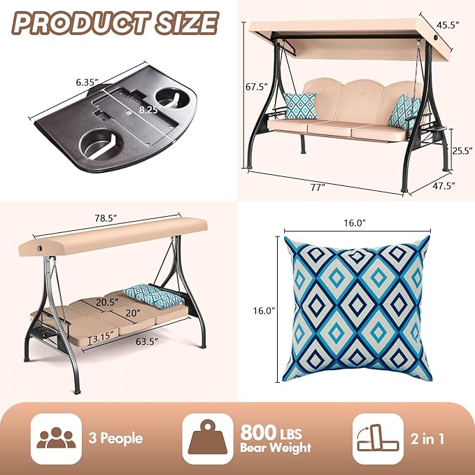 3 Seat Outdoor Porch Patio Swing with Stand 800lbs 2-in-1 Convertible Swing Bed with Adjustable Canopy & Removable Cushion for Yard Garden Deck (Khaki, Square Tube)