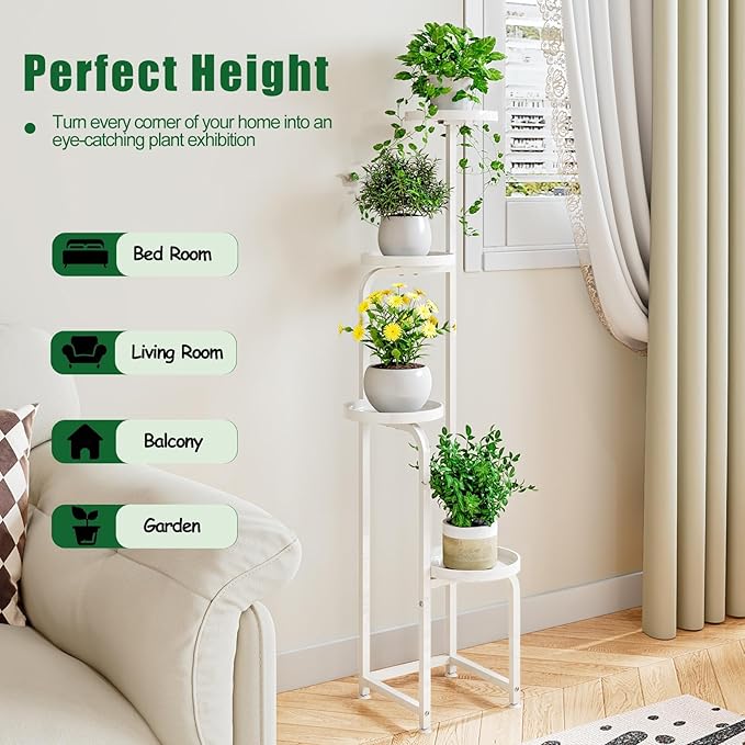 Plant Stand Indoor Outdoor 4 Tier Metal Plant Shelf for Multiple Plants Corner Flower Holders for Living Room Balcony Bedroom Patio Garden, Black (White, 4-Tier)
