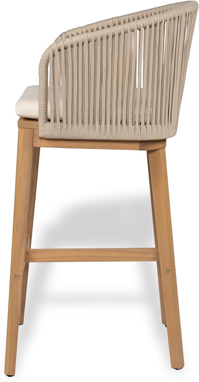 Christopher Knight Home Zax Set of 2 Patio Barstool, Acacia Wood & Rope Outdoor Counter Stool with Backrest/Footrest, Barstool Chairs with Cushion Seating for Backyard Balcony Garden, Beige + Teak