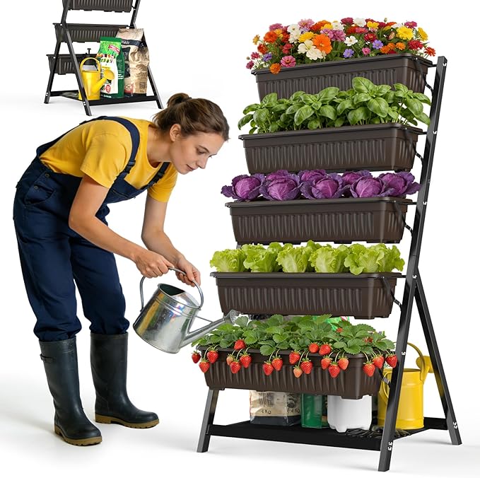 5-Tier Vertical Garden Bed Planter Boxes with Drainage System & Storage Space, Freestanding Vertical Garden Planter with 5 S-Hooks for Plants Vegetables Flowers Herbs in Garden Patio Yard