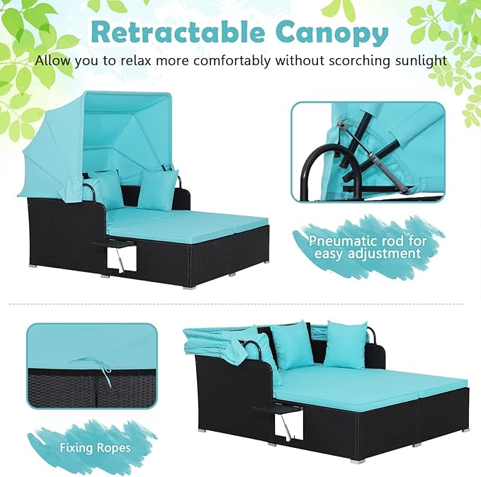 Tangkula Patio Rattan Daybed with Retractable Canopy, Patiojoy Wicker Sun Lounger with 2 Foldable Side Panels, Thick Seat & Back Cushions, for Garden, Backyard, Porch (Turquoise)