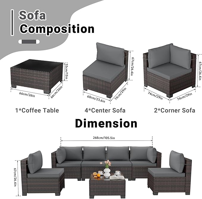 LEVELEVE 7 Pieces Outdoor Patio Furniture Sets,Rattan Conversation Sectional Set,Manual Weaving Wicker Patio Sofa with Tea Table