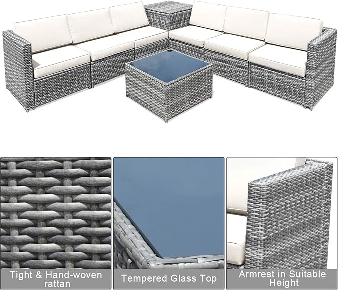 Tangkula 8 Pieces Wicker Patio Furniture Set with Storage Deck Box, PE Rattan Outdoor Sectional Sofa Conversation Set with Coffee Table & Cushions, Outside Furniture for Garden Yard Poolside (White)