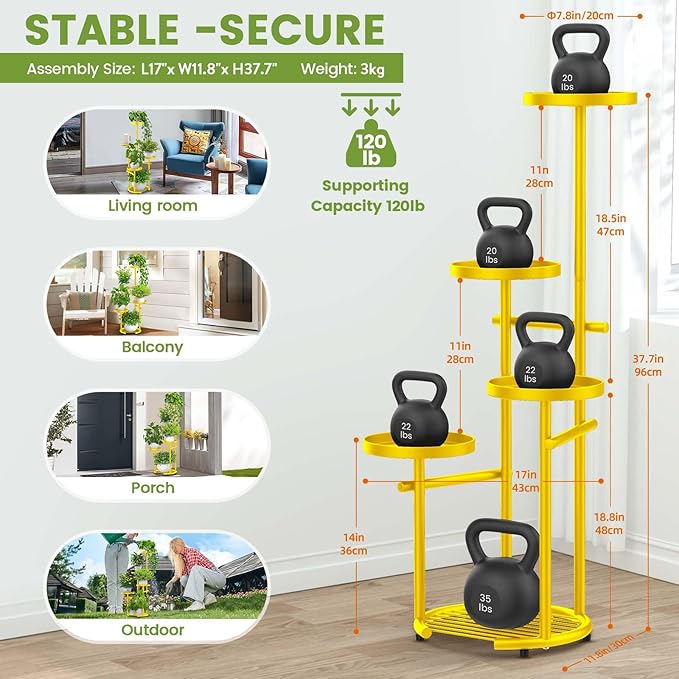 TOSKING 5 Tier Metal Plant Stand Indoor， Plant Shelf, Corner Shelf Flower Pot Stand for Outdoor Plant Stand for Living Room Balcony Garden Patio Bedroom (yellow, 38in)