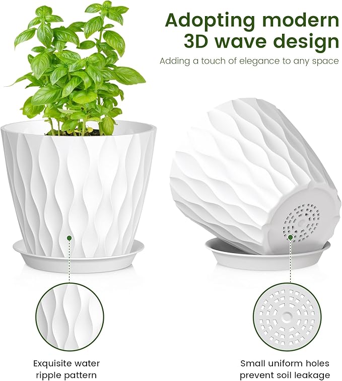 7/6.5/6/5.5/5/4.5/4 inch Plant Pots for Indoor Outdoor Plants, 7 Pack Thick Flower Pots with Drainage Holes and Saucers, Modern Wave Texture Plastic Planter Pots for Nursery, Succulent, White