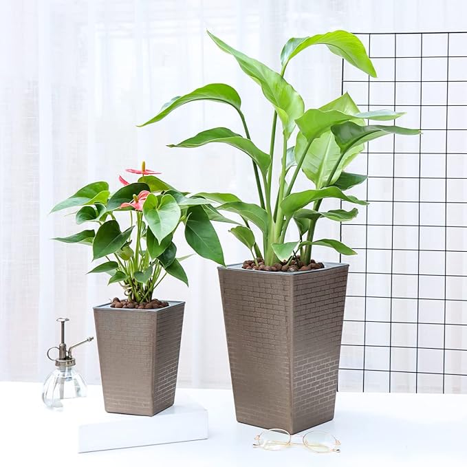 2 Pack Self Watering Planters 10.7" x 6.9" Planter for Indoor Plants Self Watering Violet Pots Plastic Flower Pots Square Planter with a Bag of Clay Pebbles, Bronze