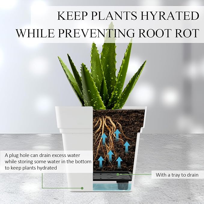 6-Pack 7 Inch Square Planters - Heavy Duty White Pots for Indoor Plants, Plastic Flower Pots with Built-in Drainage Tray & Stopper, Matte Modern Garden Planter, BPA-Free for Herbs & Succulents