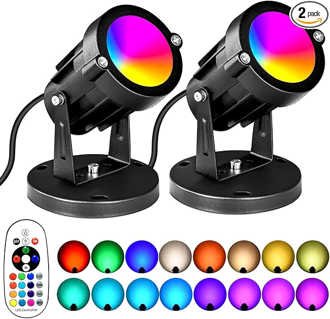 5W RGBW Landscape Lights, 16 Color Changing Spotlight 110V 120V Outdoor Landscape Lighting with Remote for Yard Garden Pathway(2 Pack with Base and Stake)