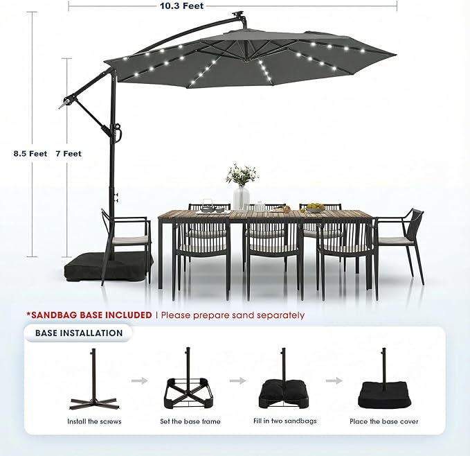 wikiwiki 10ft Solar LED Patio Umbrella with Base Included, Offset Umbrella with Weighted Sandbag Base, Cantilever Patio Umbrella for Backyard, Garden & Deck, 32 LED Lights & Polyester Shade, Dark Gray