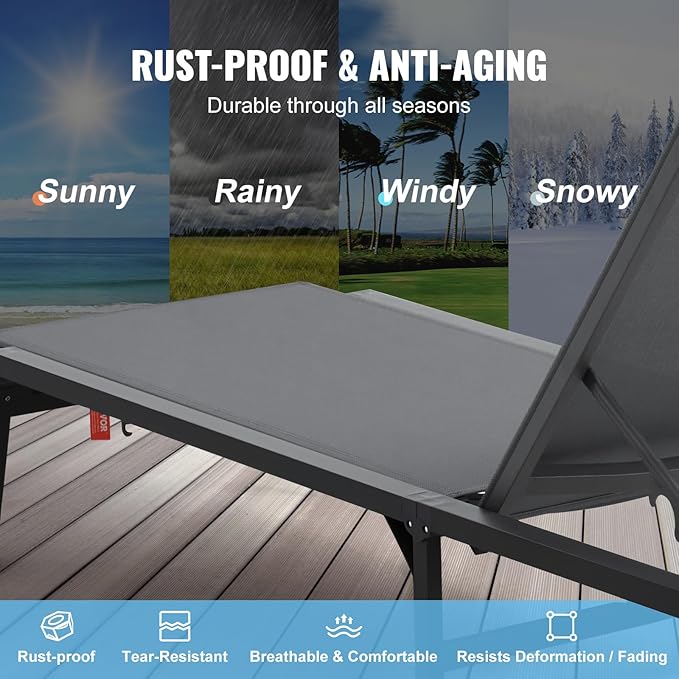VEVOR 2 Pcs Chaise Lounge Chairs Outdoor, Aluminum Patio Lounge Chair with Adjustable 5-Position, Folding Pool Chairs Recliner and Full Flat Tanning Chair for Patio, Beach, Pool, Gray, 2 pcs