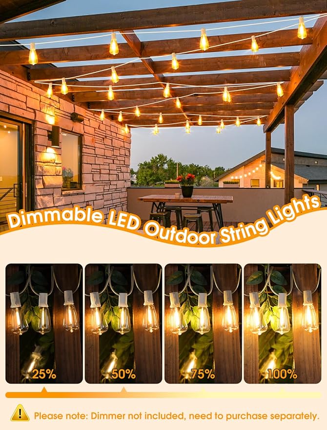25FT Outdoor String Lights, Patio Lights with 10+1 2700K LED Dimmable Waterproof Outside Hanging ST38 Edison Bulbs for Backyard, White Cord