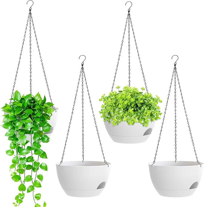 8 Inch Hanging Planters for Indoor Outdoor Plants, 4 Pack White Plastic Self Watering Hanging Baskets with Drainage Holes and Chain for Garden Porch