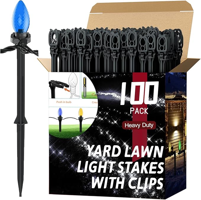 100 Pack Christmas Light Stakes 8.5"-10" for C7 and C9 String Lights,Outdoor Light Stakes,Yard Stakes,Garden,Lawn,Pathway, Patio, Path, Walkway, Christmas Decoration Black
