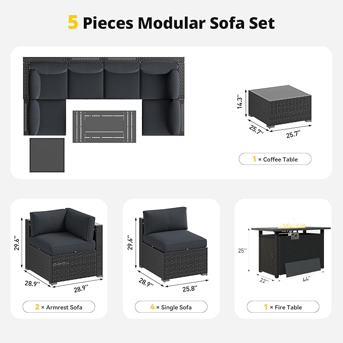 Aoxun Patio Furniture Set with Fire Pit Table, 8 Piece Outdoor Sectional Sofas, Wicker Rattan Outdoor Furniture with Thickened Cushion for Backyard, Garden Dark Grey
