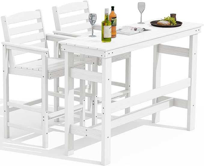 SERWALL Outdoor Bar Table and Chairs Set, Adirondack Bar Chairs Set of 2 and Bar Height Table, All Weather HDPE Patio Bar Set, Outdoor Furniture for Outside, White