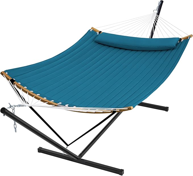 SUPERJARE Curved-Bar Hammock with Stand, 2 Person Heavy Duty Hammock Frame, Detachable Pillow & Portable Carrying Bag, Perfect for Outdoor & Indoor, Peacock Blue