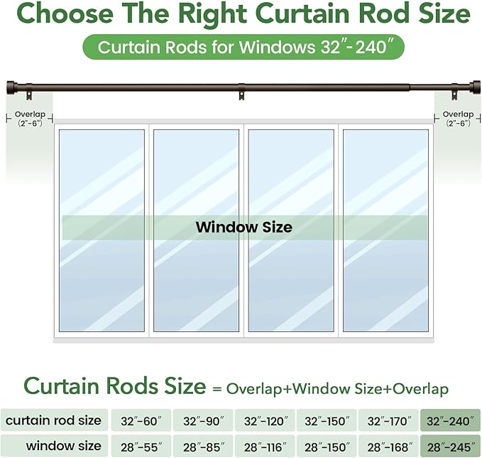 Curtain Rods for Windows 32 to 240, 1 Inch Adjustable Heavy Duty Long Window Outdoor Curtain Rod for Patio, Drapery Rods with Simple End Caps, Size 32"-240", Antique Bronze