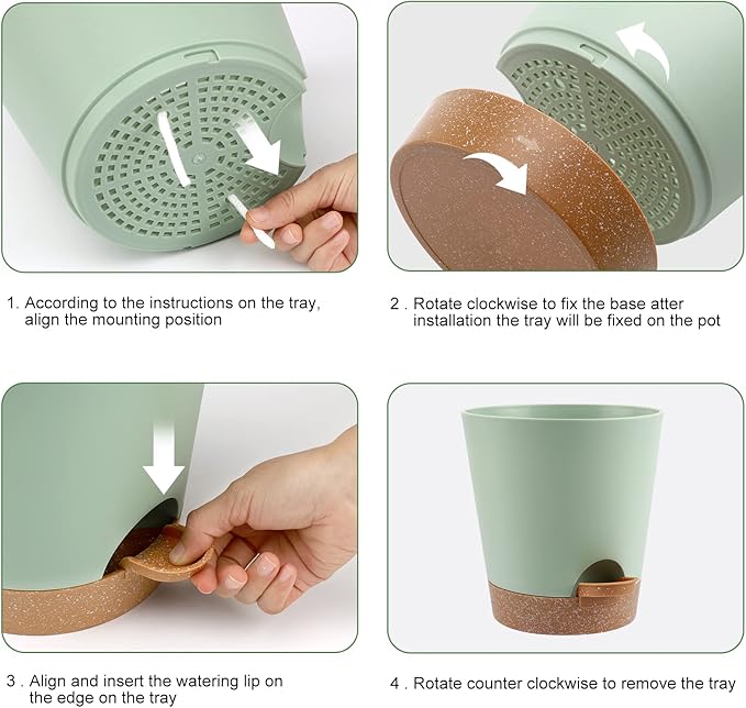 Indoor Self Watering Planters with Drainage Holes and Saucers, 8, 7, 6.5, 6, 5.5, 5 Inches, Green, 6 Pots.
