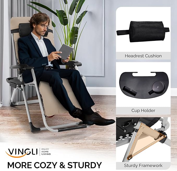 VINGLI Padded Zero Gravity Chair, Lounge Chair with Removable Cushion & Tray， Folding Reclining Patio Chairs， Recliner Chair for Lawn，Indoor Outdoor-Khaki