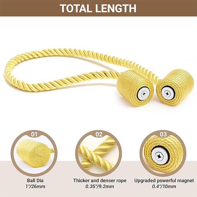 Hion Magnetic Curtain Tiebacks Golden 6 Pack, Curtain Tiebacks Buckles Holdbacks Holders Hooks Clip for Home Bedroom Office
