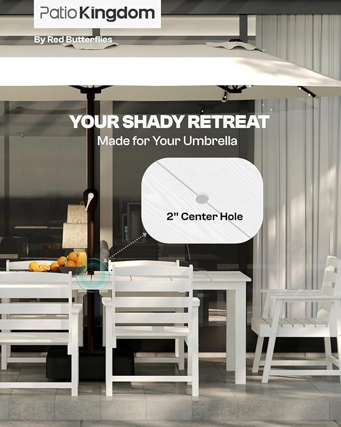 White 9-Piece Outdoor Dining Set with Beige 11FT Cantilever Umbrella, 75.2'' HDPE Table & Chairs for 8, Weather-Resistant Furniture with Umbrella Hole for Patio, Lawn, Poolside
