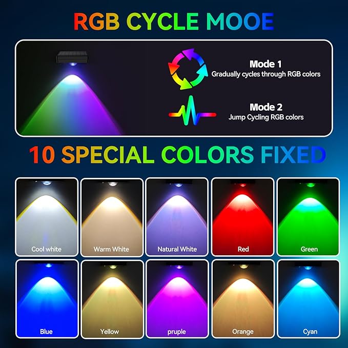 Solar LED Wall Light,RGB Color Changing Spotlight - Waterproof Outdoor Garden Path Lighting,10 Modes Auto On/Off,IP44 ABS Material,30H Runtime No Wiring Needed for Yard & Courtyard (6 P)