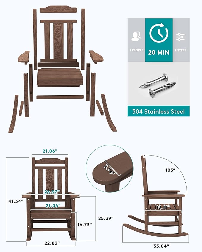 SERWALL Outdoor Rocking Chair Set of 6, Patio Rocking Chairs Set, HDPE Rocking Chair Outdoor for Adults, Heavy Duty Front Porch Rocker, Coffee