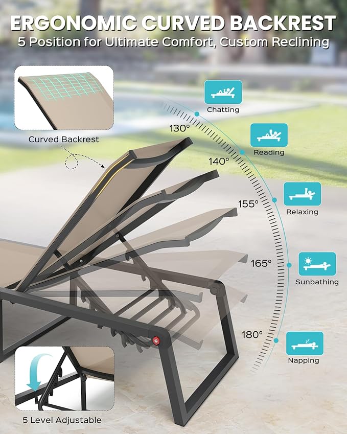 Aluminum Chaise Lounge Chair Outdoor, Foldable & No Assembly Patio Pool Lounge Chairs 5-Position Recliner for Outside Poolside, Fully Grounded Legs Sun Lounger for Beach, Yard, Khaki